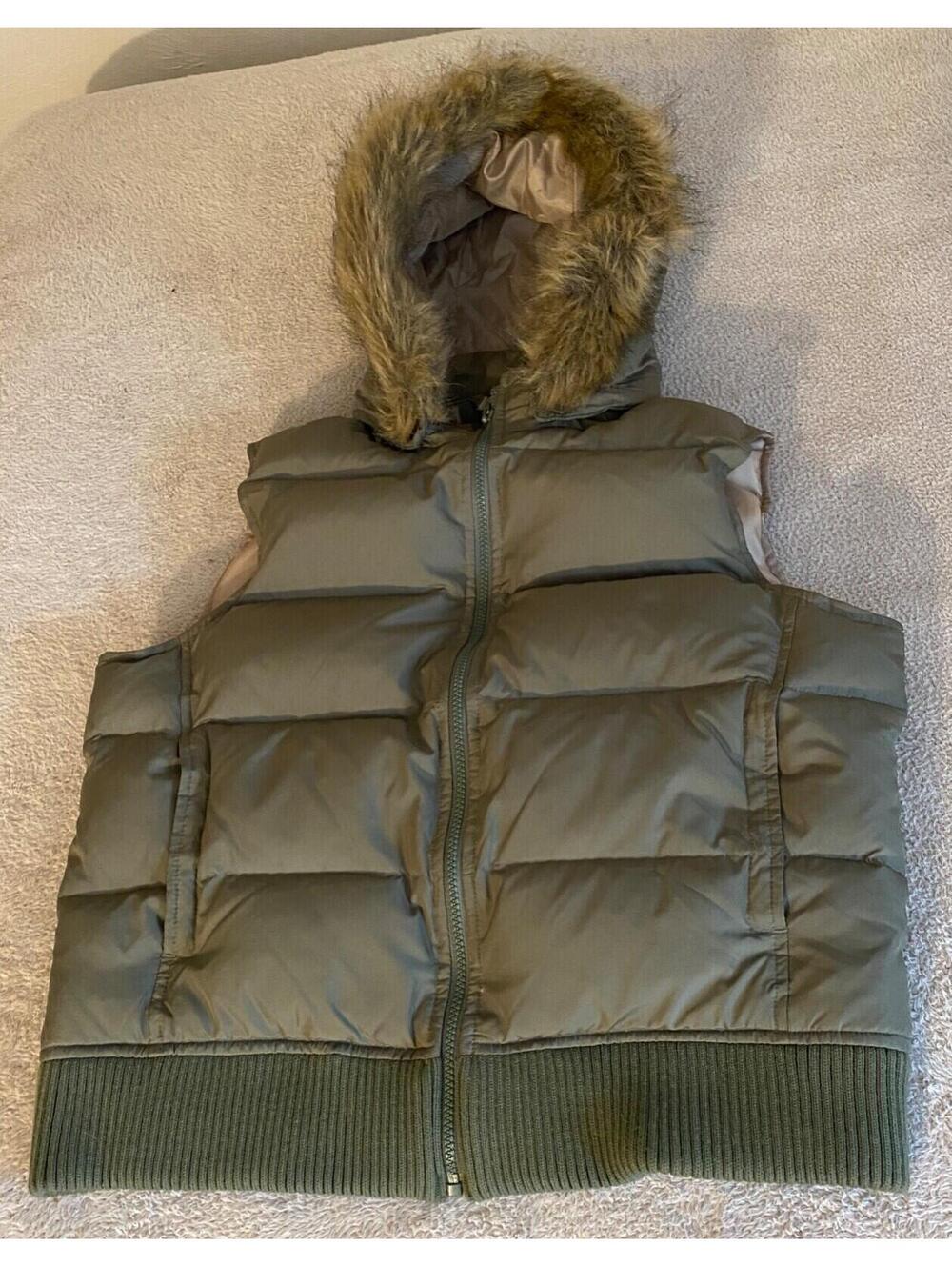 Bailey's Point Faux Fur Removable Hood Down Puffer Vest Olive Green Size XL 18
